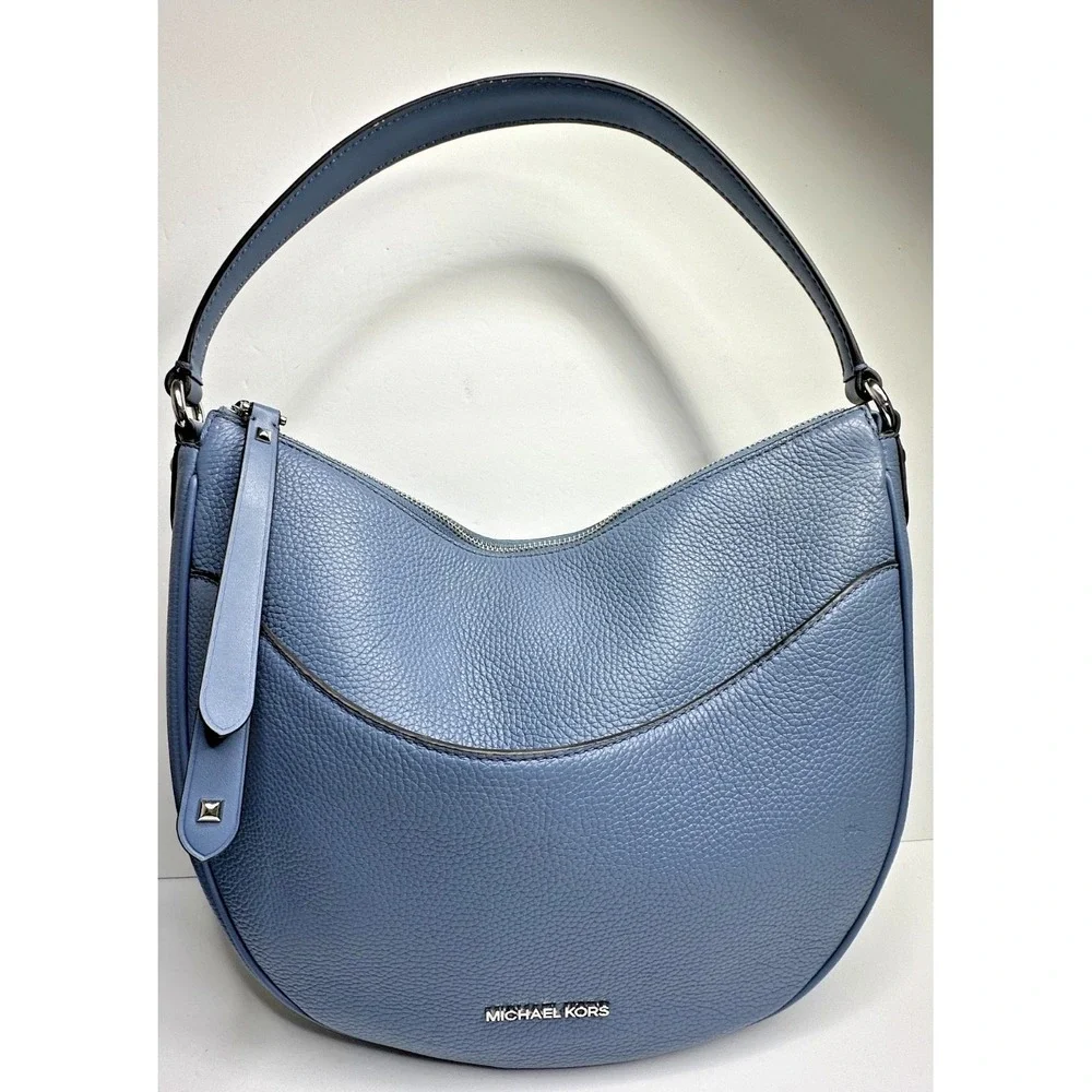 Michael Kors Dover Blue Leather Hobo Purse Shoulder Bag Half Moon